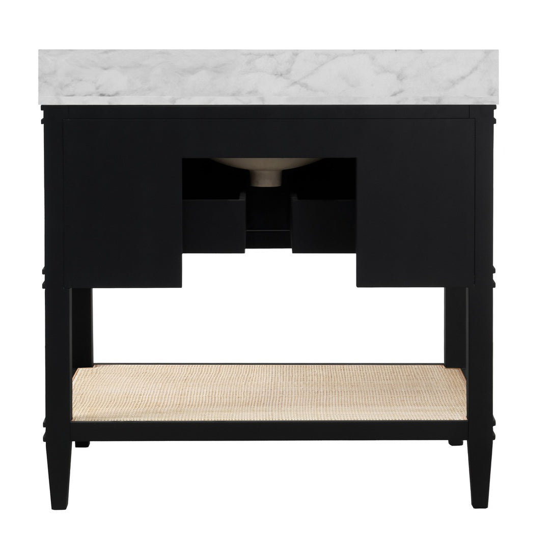 Cutler - Bath Vanity In Matte Black Lacquer With Open Cane Shelf, White Marble Top, Porcelain Sink, And Antique Brass Ring Hardware