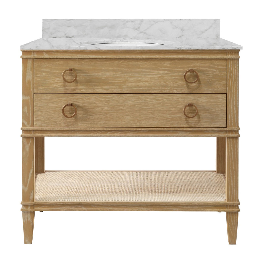 Cutler - Bath Vanity In Cerused Oak With Open Cane Shelf, White Marble Top, Porcelain Sink, And Antique Brass Ring Hardware