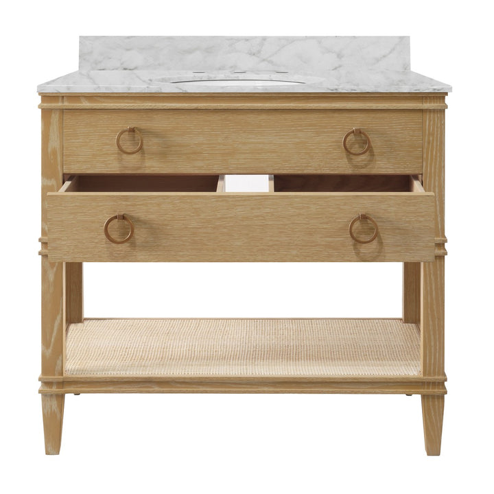 Cutler - Bath Vanity In Cerused Oak With Open Cane Shelf, White Marble Top, Porcelain Sink, And Antique Brass Ring Hardware