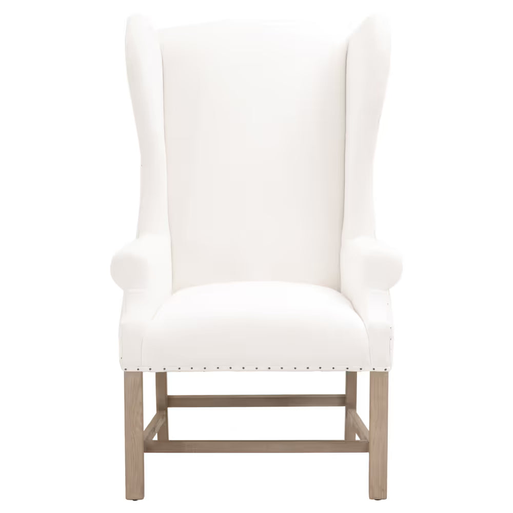 Chateau Arm Chair, shown in white and light wood with fabric, wood, and fixed arms.