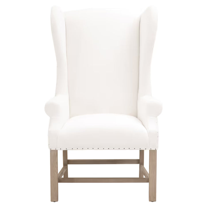 Chateau Arm Chair, shown in white and light wood with fabric, wood, and fixed arms.