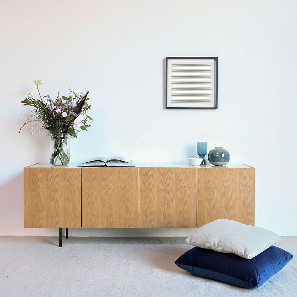 Sideboards & Credenzas Calvin Buffet White Oak Veneer White Marble Top Black Powder Coated Legs