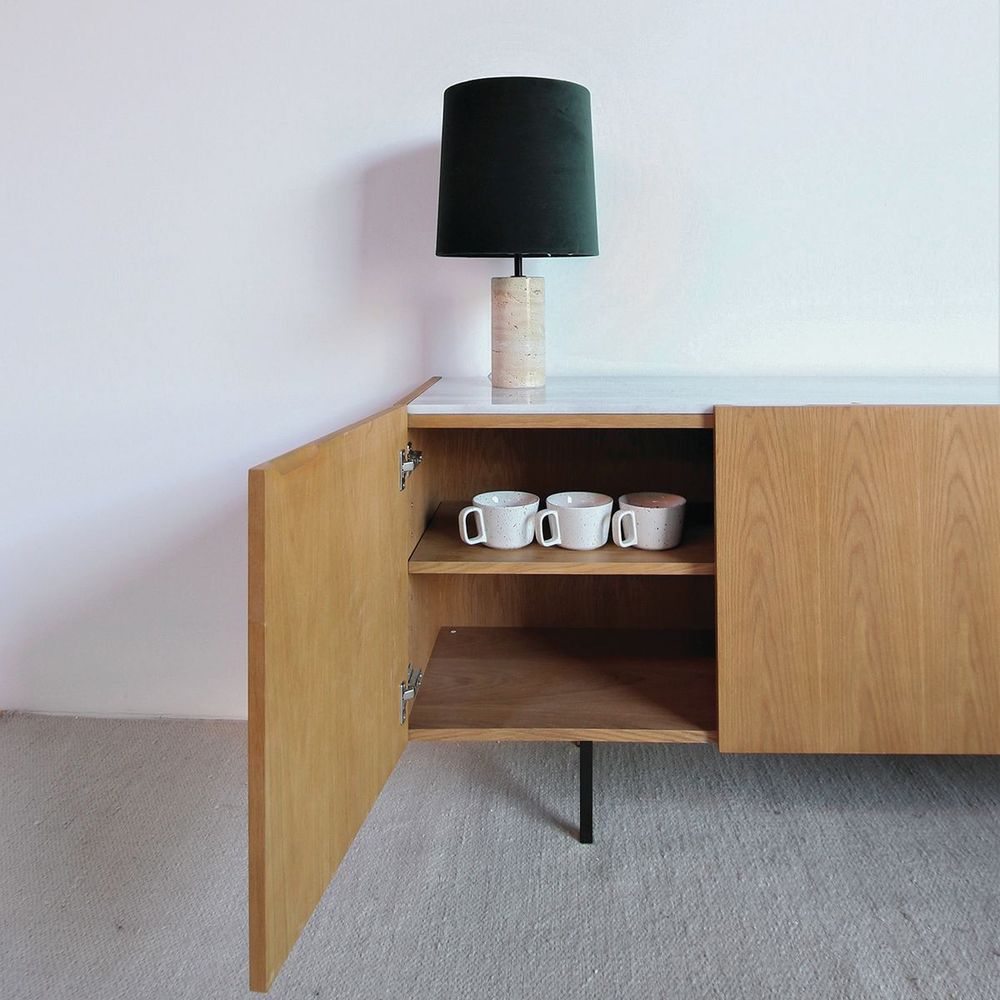 Sideboards & Credenzas Calvin Buffet White Oak Veneer White Marble Top Black Powder Coated Legs