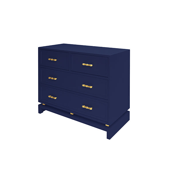 Declan - Navy Lacquer 4 Drawer Chest W. Gold Leaf Hardware & Brass Base