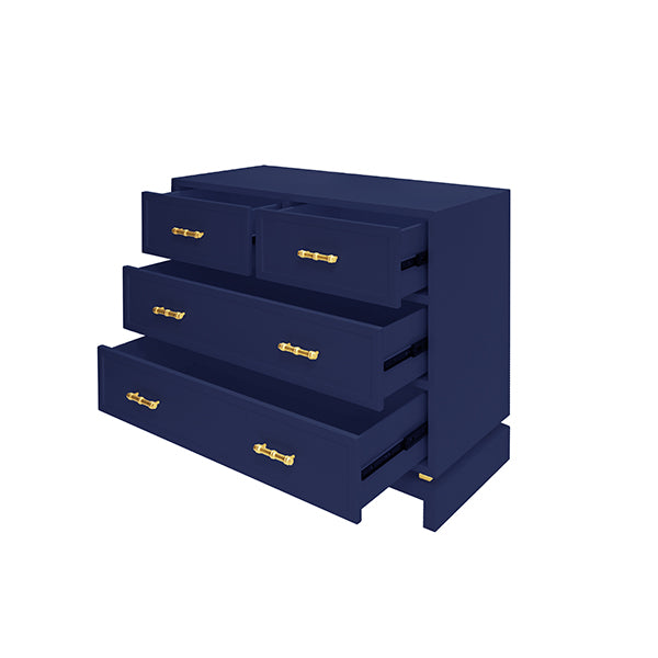 Declan - Navy Lacquer 4 Drawer Chest W. Gold Leaf Hardware & Brass Base