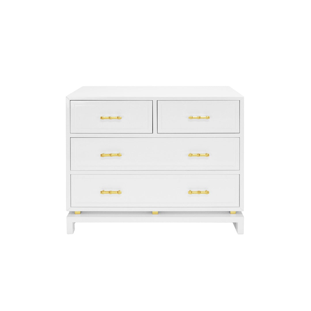 Declan - White Lacquer 4 Drawer Chest W. Gold Leaf Hardware & Brass Base