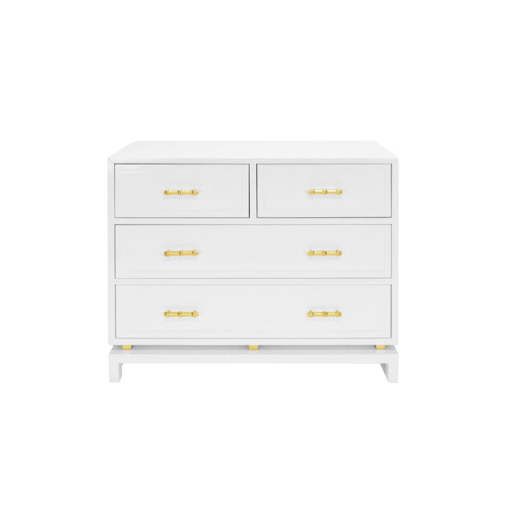 Declan - White Lacquer 4 Drawer Chest W. Gold Leaf Hardware & Brass Base