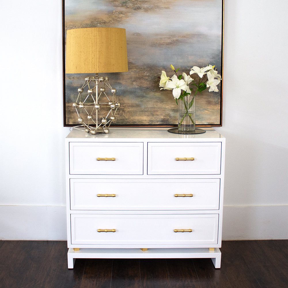 Declan - White Lacquer 4 Drawer Chest W. Gold Leaf Hardware & Brass Base