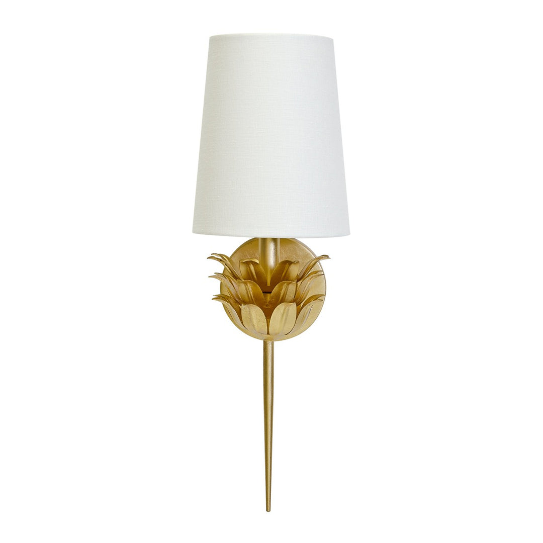 Delilah - Gold Leaf One Arm Sconce With Three Layer Leaf Motif And White Linen Shade