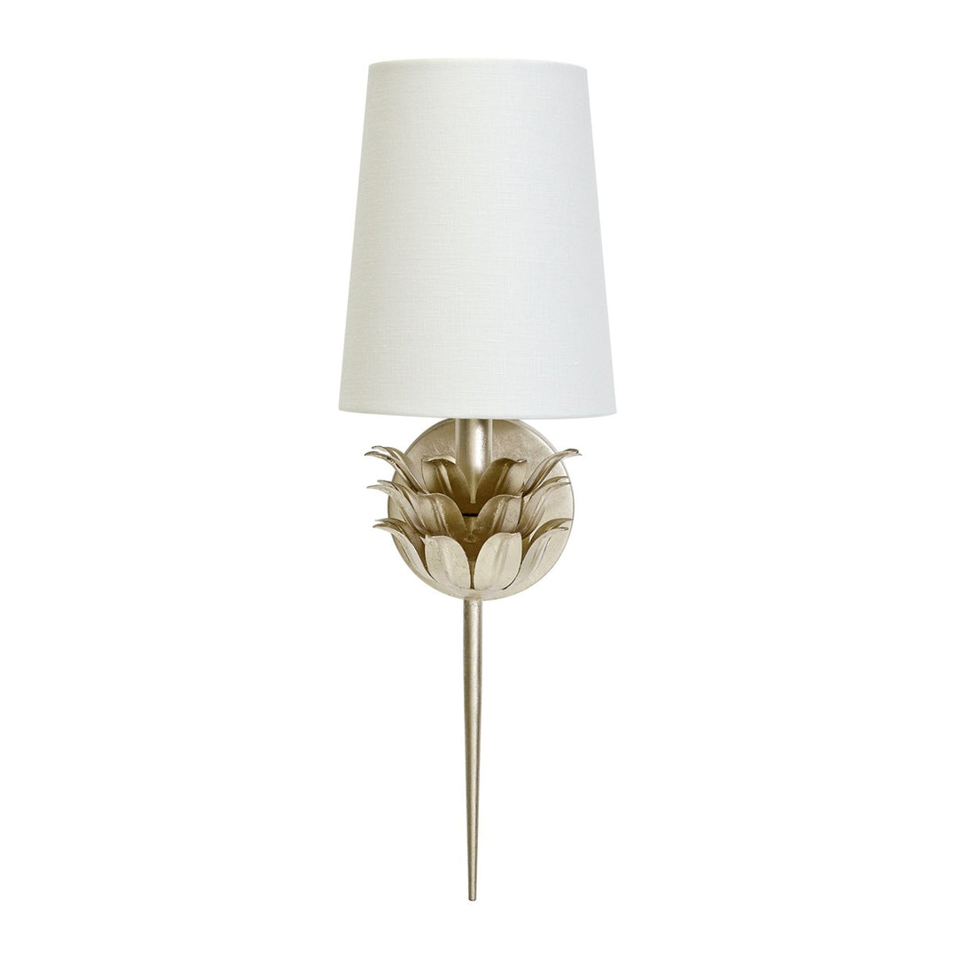 Delilah - Silver Leaf One Arm Sconce With Three Layer Leaf Motif And White Linen Shade