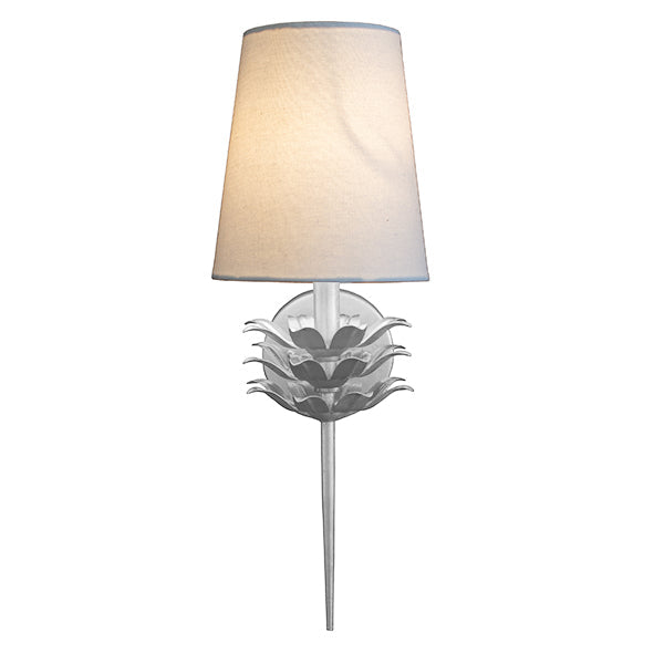Bathroom Lighting Delilah - Silver Leaf One Arm Sconce With Three Layer Leaf Motif And White Linen Shade