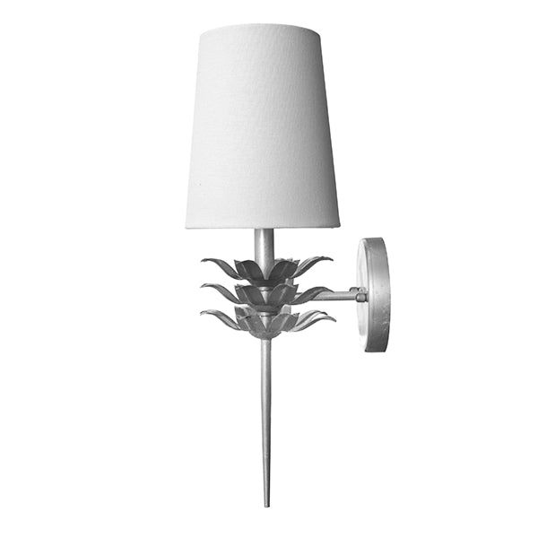 Bathroom Lighting Delilah - Silver Leaf One Arm Sconce With Three Layer Leaf Motif And White Linen Shade