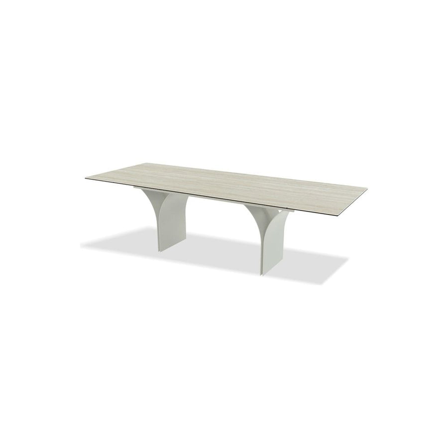 Dining Tables Camber Double Extension Dining Table Bianco Bocciardato Travertine Ceramic Top, Taupe Powder Coated Steel Base
