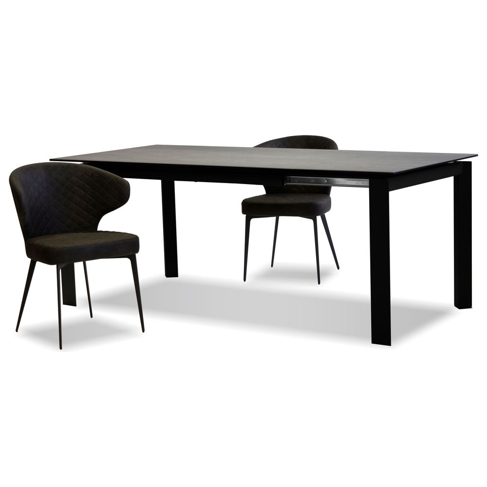 Casper Extension Dining Table Concrete Grey Ceramic Top, Black Powder Coated Steel Base