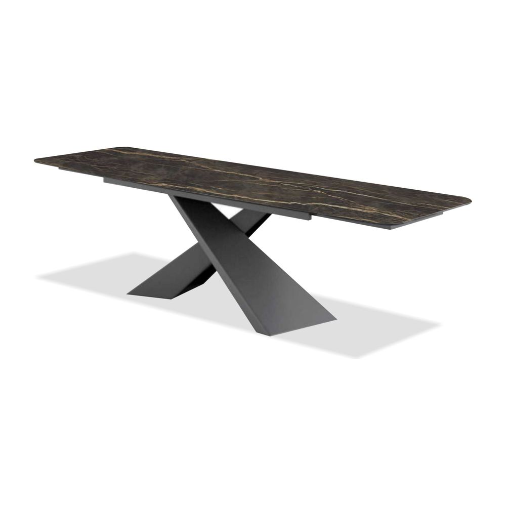Century Double Extension Dining Table Noir Desir Ceramic Top, Black Powder Coated Steel Base