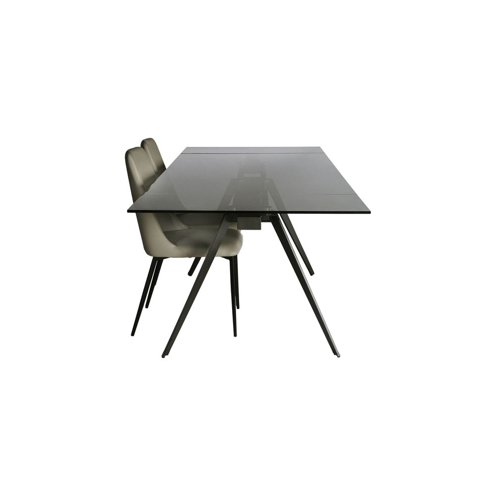 Noire Double Extension Dining Table Smoke Grey Glass Top, Gunmetal Steel Base