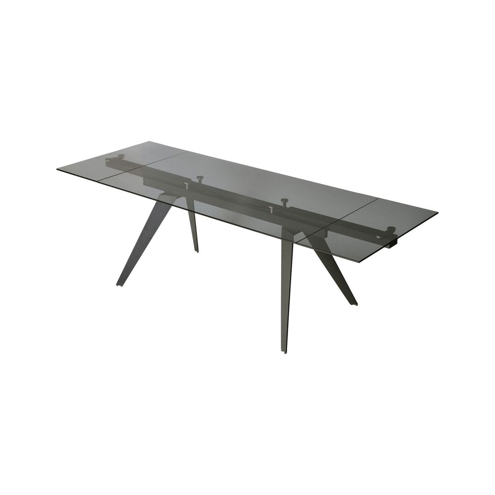 Noire Double Extension Dining Table Smoke Grey Glass Top, Gunmetal Steel Base