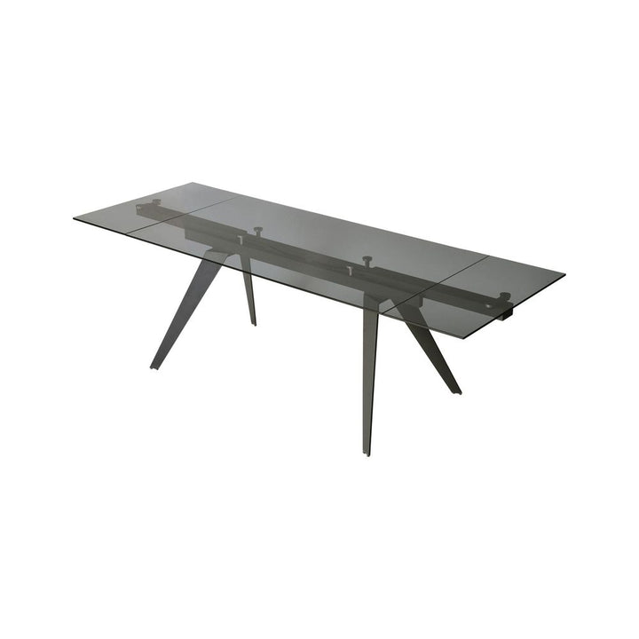 Noire Double Extension Dining Table Smoke Grey Glass Top, Gunmetal Steel Base