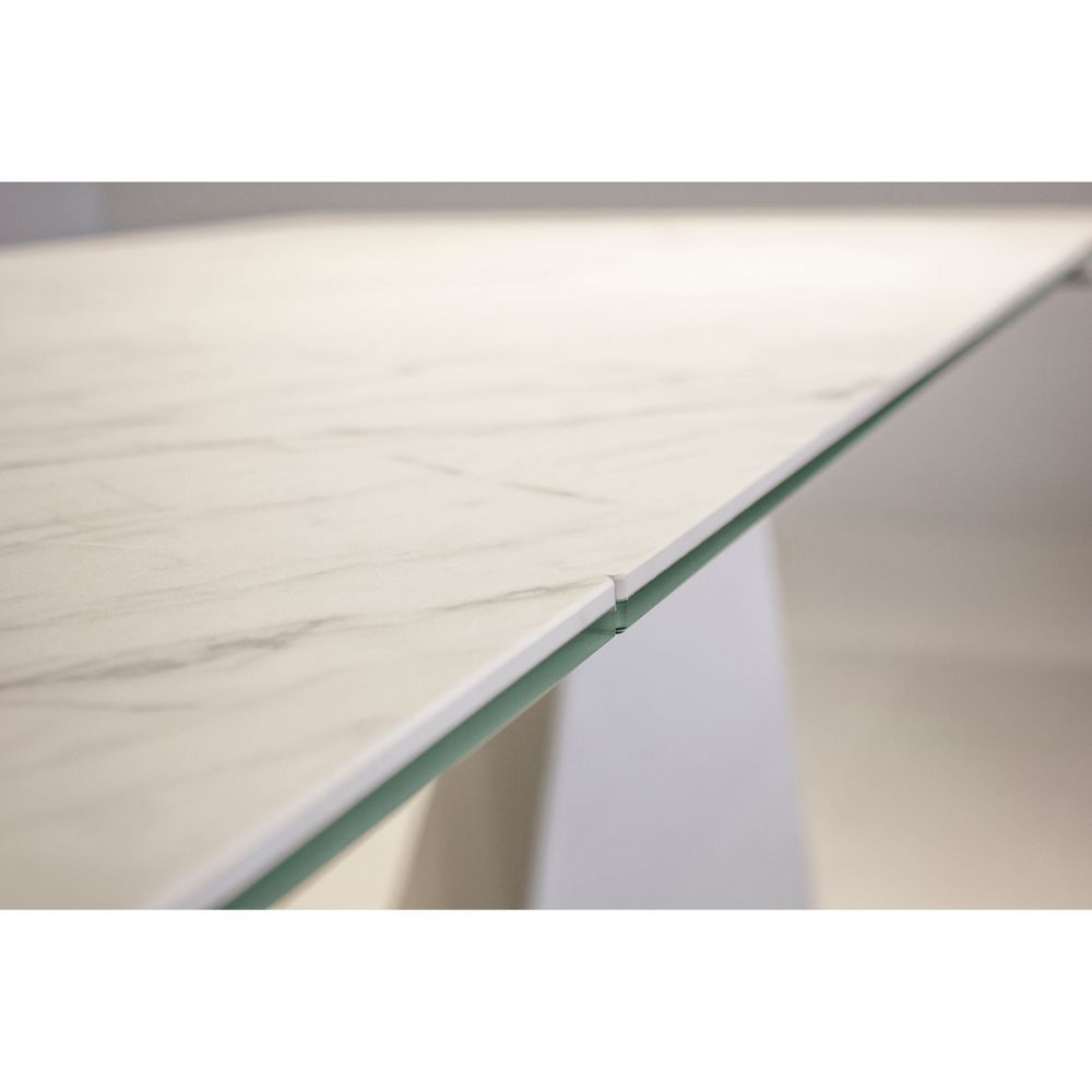Origami Double Extension Dining Table Carrara White Ceramic Top, White Powder Coated