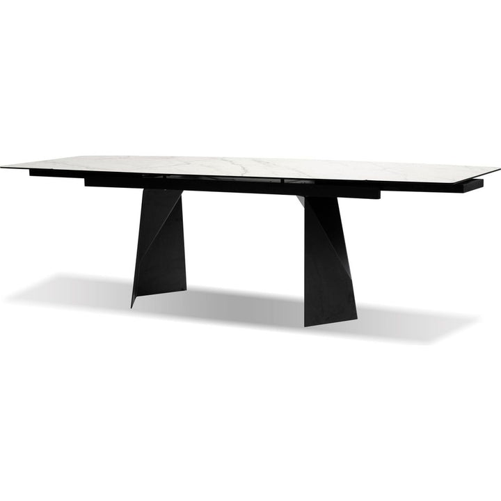 Dining Tables Prism Double Extension Dining Table Carrara White Ceramic Top, Black Powder Coated Steel Base
