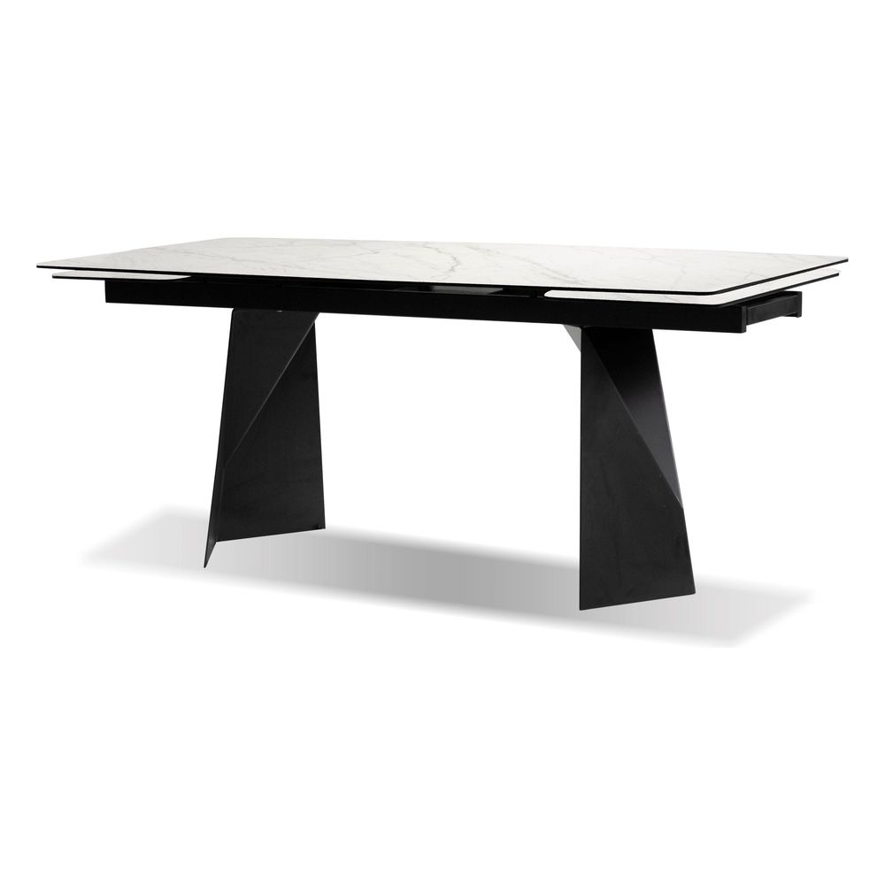 Dining Tables Prism Double Extension Dining Table Carrara White Ceramic Top, Black Powder Coated Steel Base