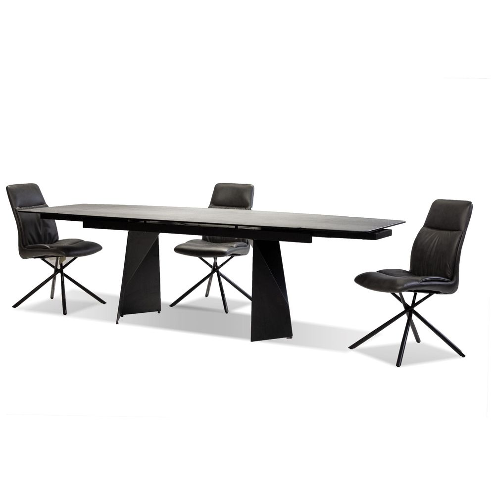 Prism Double Extension Dining Table Industrial Grey Ceramic Top, Black Powder Coated Steel Base