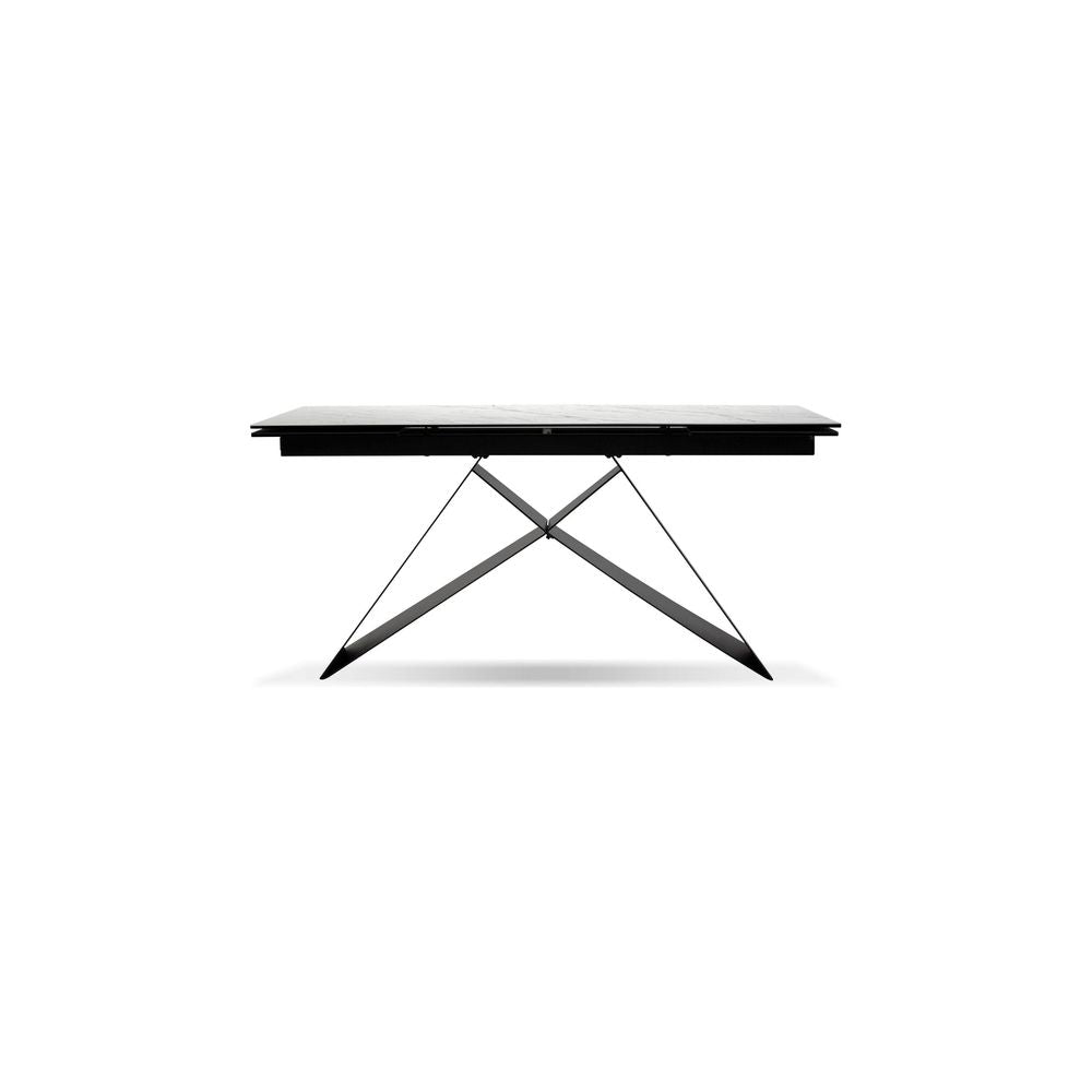 The W Double Extension Dining Table Carrara White Ceramic Top, Black Powder Coated Steel Base