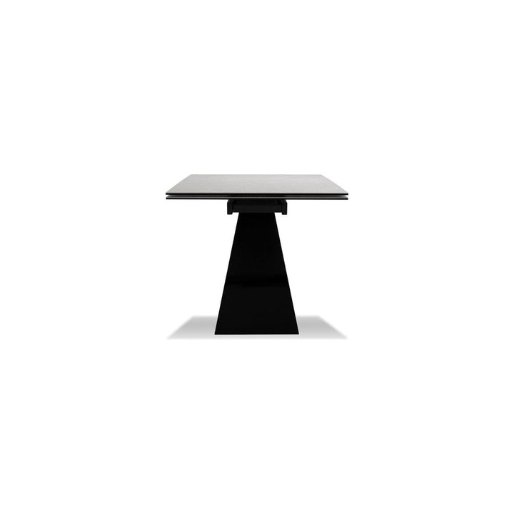 The W Double Extension Dining Table Carrara White Ceramic Top, Black Powder Coated Steel Base