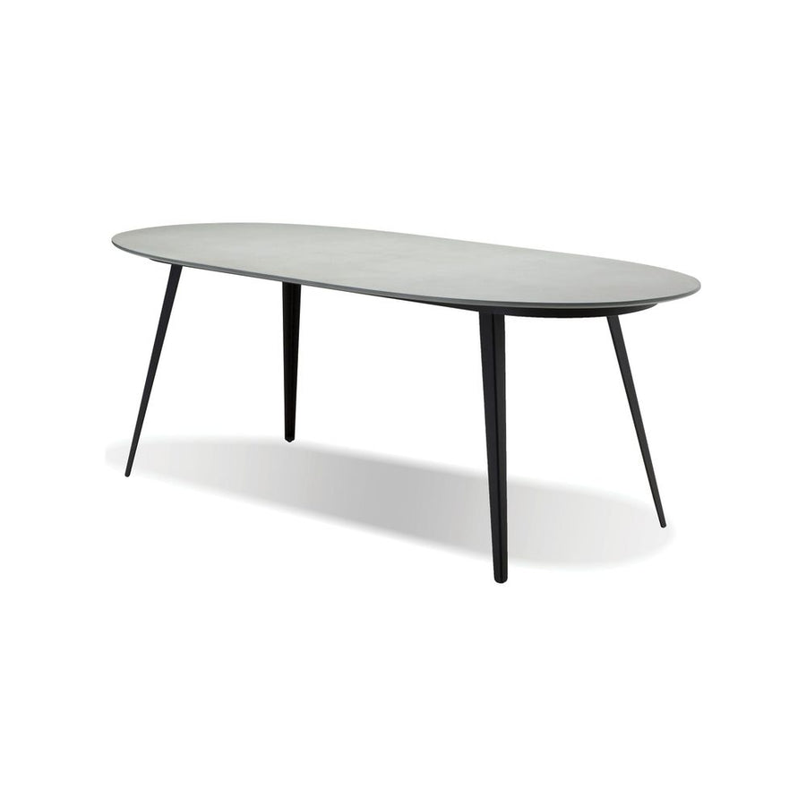 Outdoor Dining Tables Tulum Oval Dining Table Matte Grey Epoxy Concrete Texture, Black Galvanized Steel Legs Indoor-Outdoor