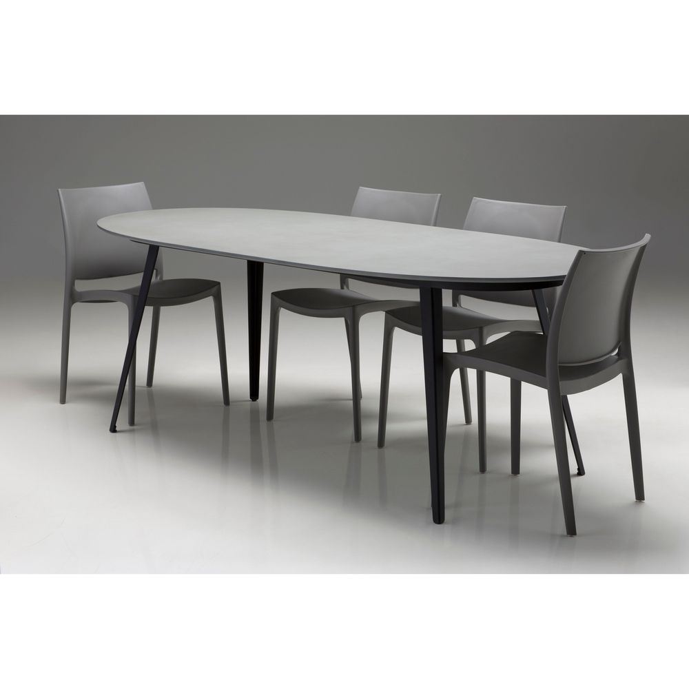 Outdoor Dining Tables Tulum Oval Dining Table Matte Grey Epoxy Concrete Texture, Black Galvanized Steel Legs Indoor-Outdoor