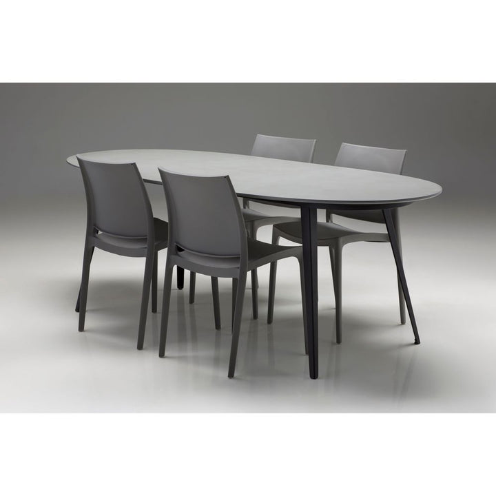 Outdoor Dining Tables Tulum Oval Dining Table Matte Grey Epoxy Concrete Texture, Black Galvanized Steel Legs Indoor-Outdoor