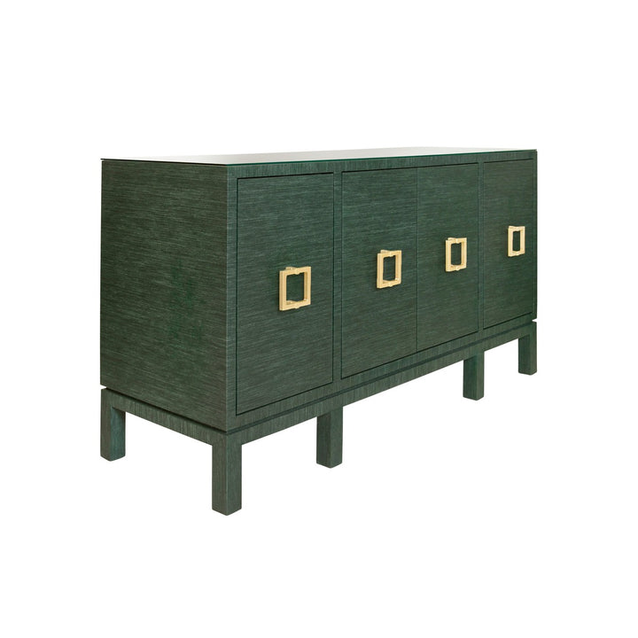 Effie - Four Door Buffet With Large Brass Square Hardware In Green Dyed Grasscloth