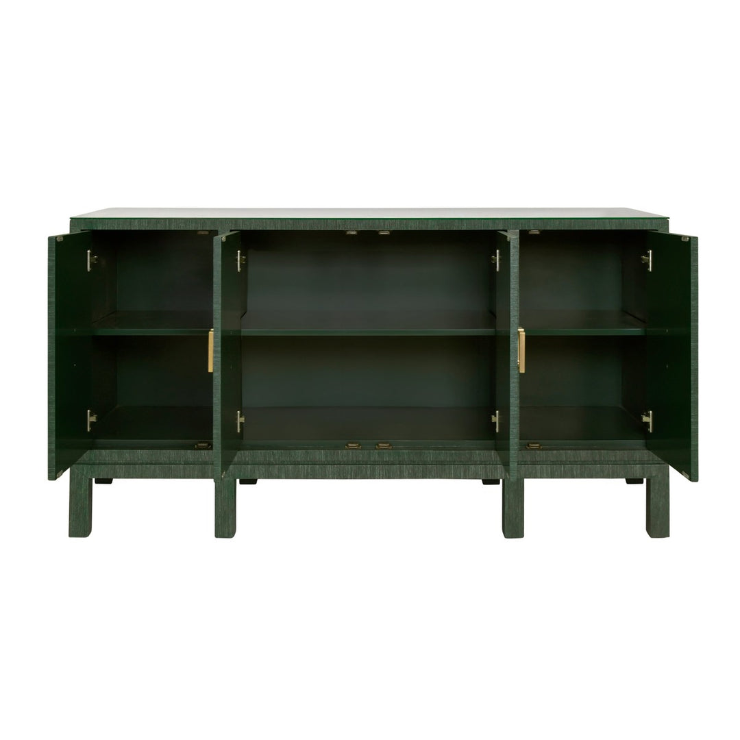 Effie - Four Door Buffet With Large Brass Square Hardware In Green Dyed Grasscloth