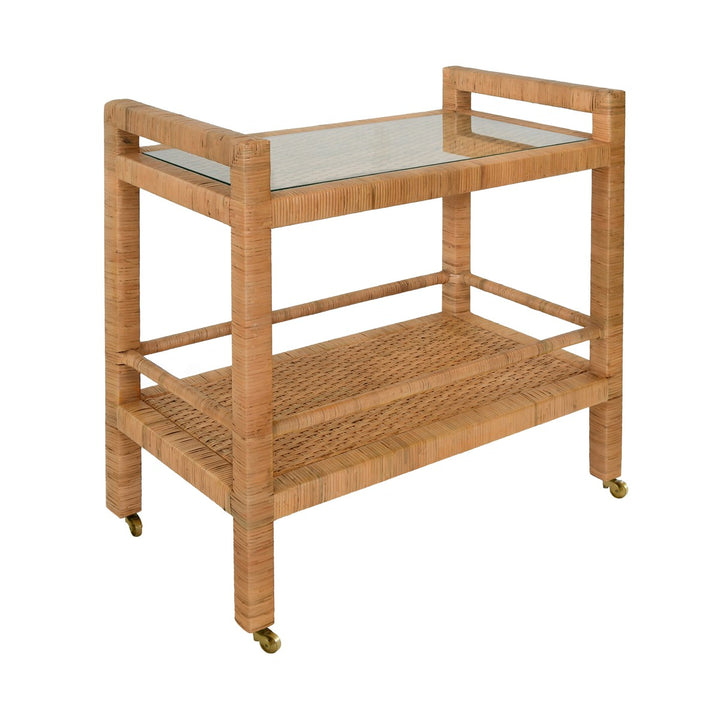 Elsie - Two Tier Rectangle Bar Cart In Natural Rattan With Brass Casters