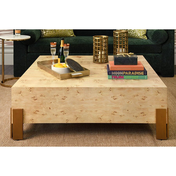 Square Chunk Coffee Table With Antique Brass Leg Brackets In Burl Wood