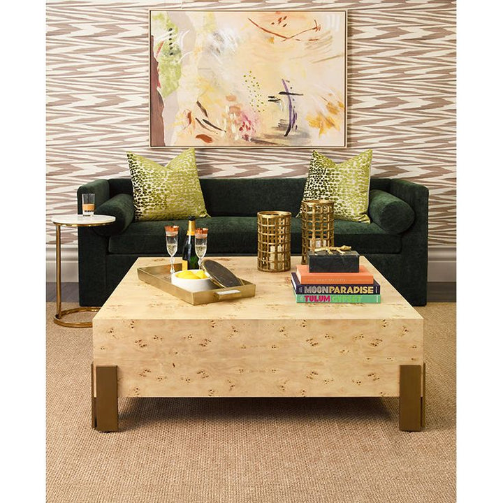 Square Chunk Coffee Table With Antique Brass Leg Brackets In Burl Wood