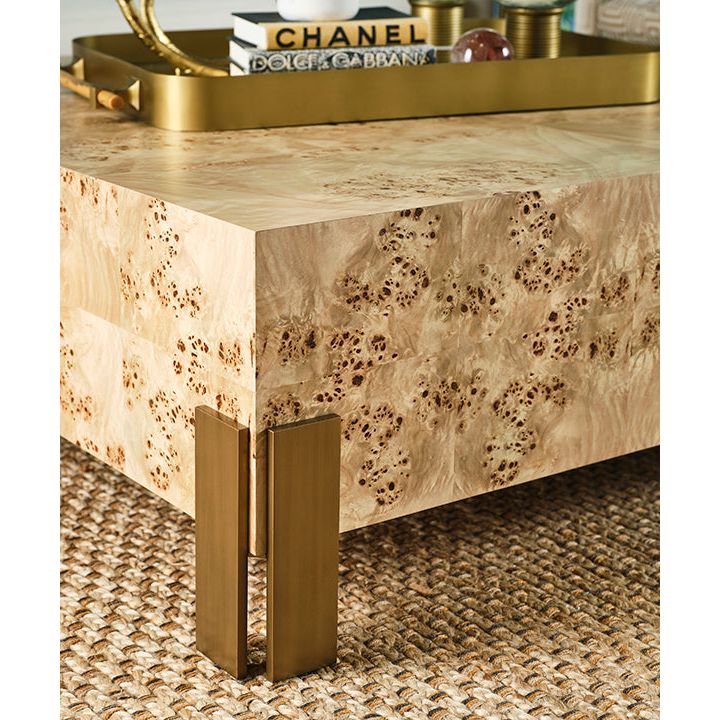 Square Chunk Coffee Table With Antique Brass Leg Brackets In Burl Wood