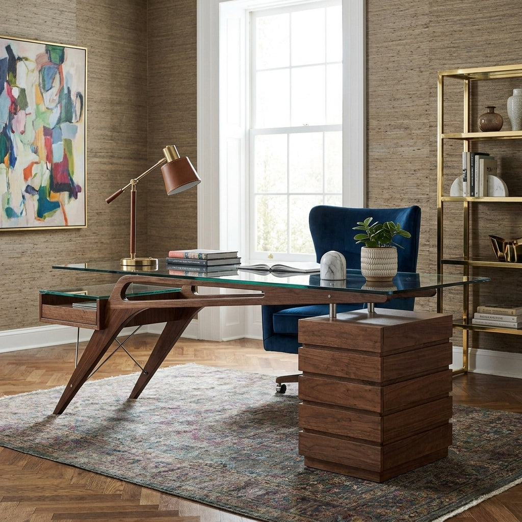 Koen Cavour Desk with Glass Top - Walnut 97"
