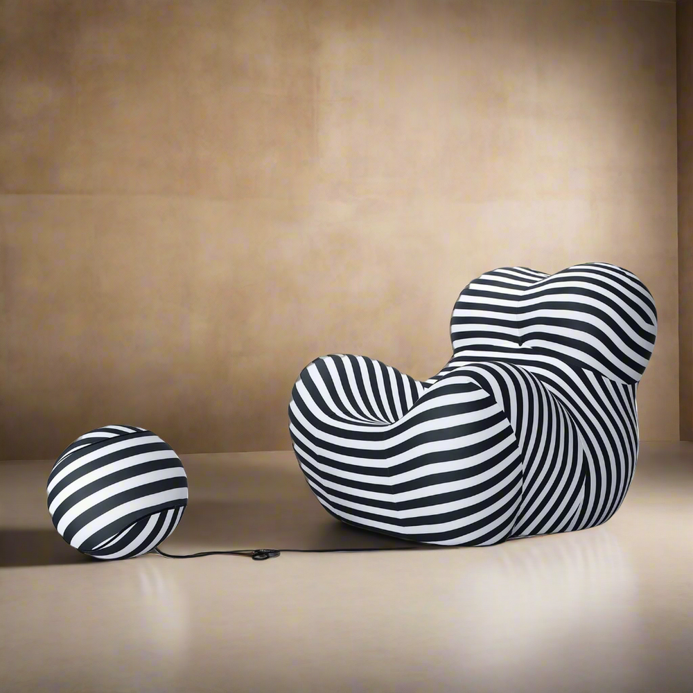 Striped Up Chair with Tethered Ball Ottoman-France & Son-FB8011BLKWHT-Lounge Chairs-1-France and Son