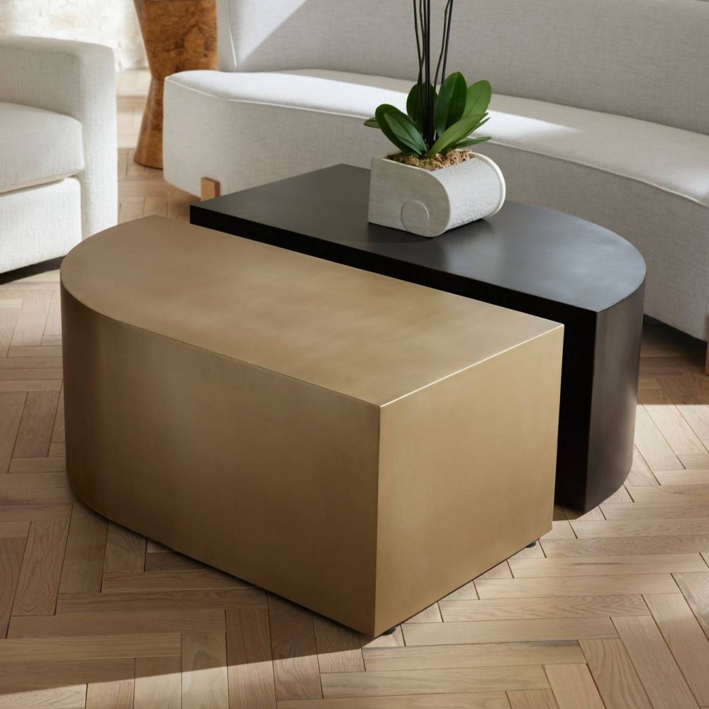Additional view of Thornbrook Cocktail Table in gold, featuring brushed finish and a solid plinth base.