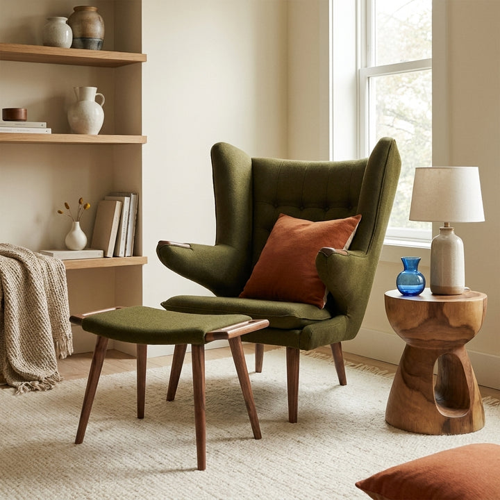 Wegner Papa Bear Chair and Ottoman - Green