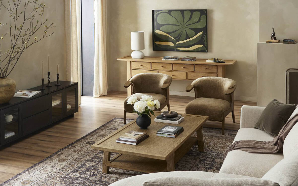 Living room with the Tanner coffee table, Fabian lounge chairs and Macro Floral artwork.