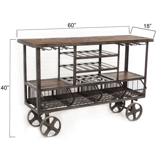 Industrial Teak 60-Inch Reclaimed Teak Bar Cart with Wheels-Home Trends & Designs-HOMETD-FIT-BCT60-Bar Stools-3-France and Son