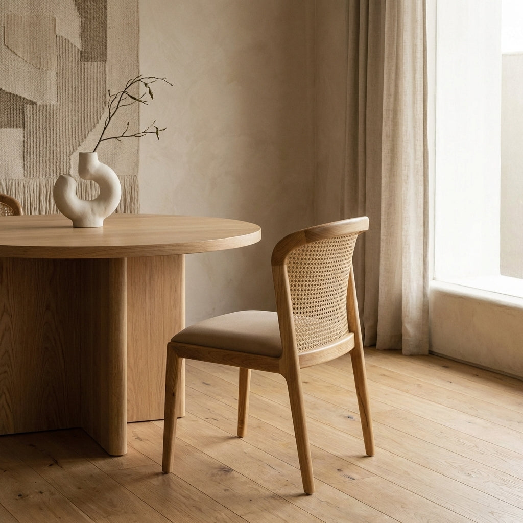 Elbie Teak and Cane Dining Side Chair with Upholstered Seat