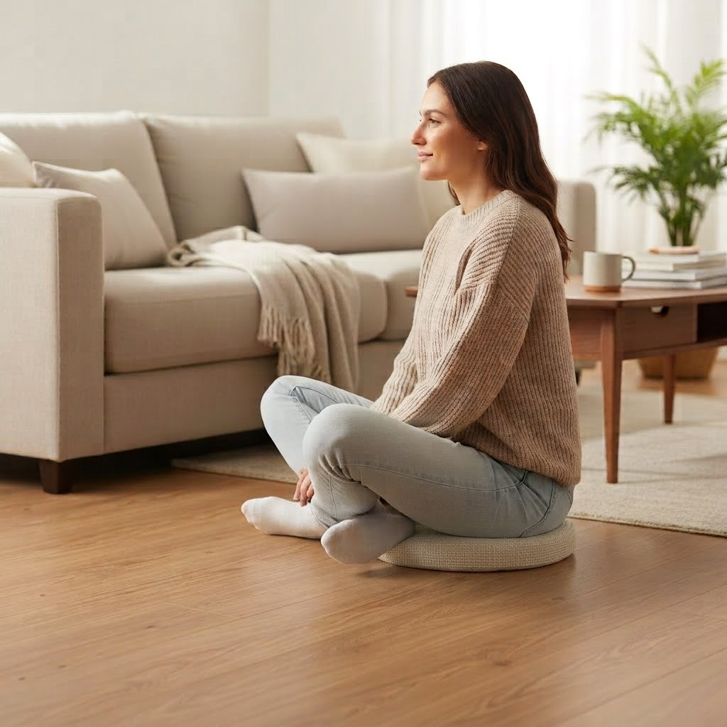 A woman sits cross-legged on a round woven cushion on a wooden floor in a bright, modern living room with a beige sofa and coffee table.