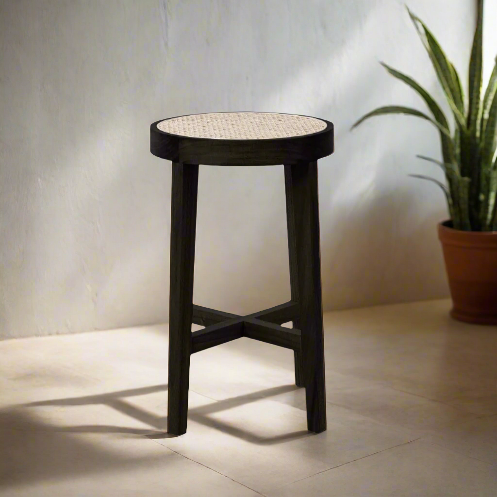 Jeanneret Round Counter Stool with Cane Seat