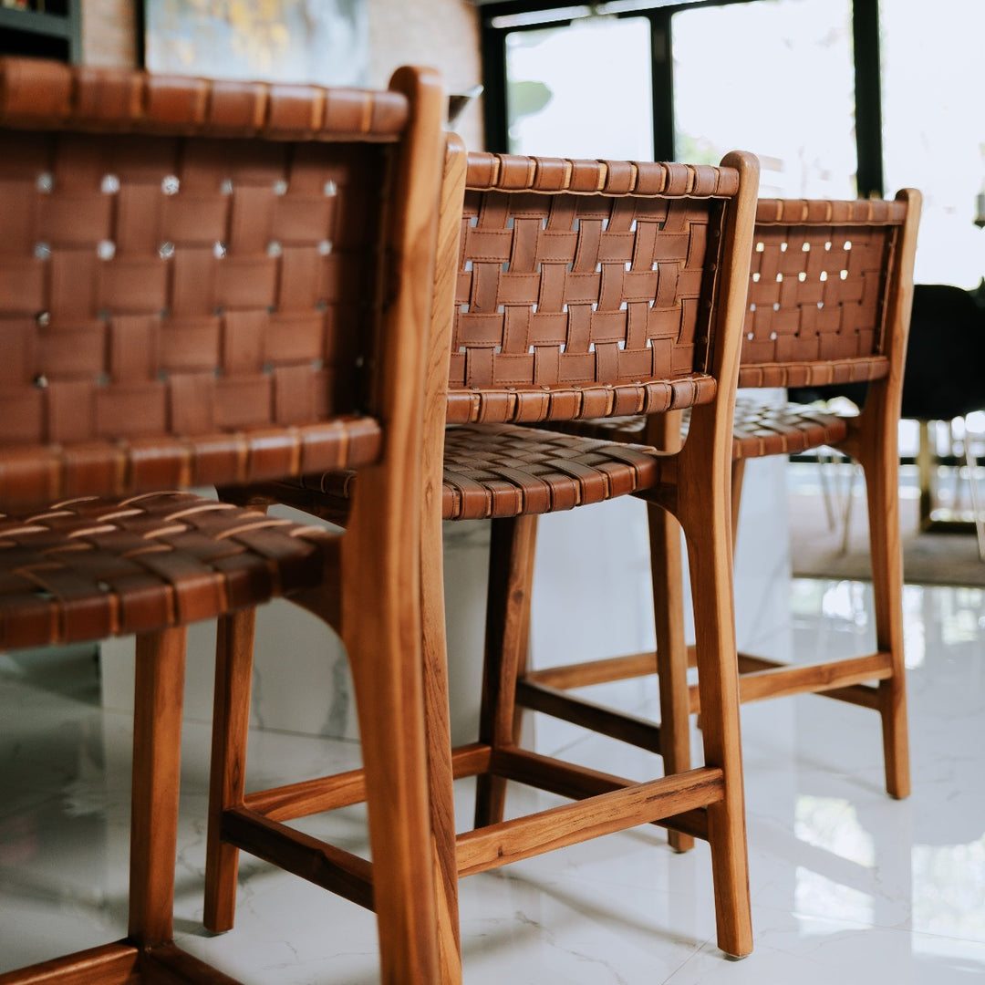 Cahyo Woven Leather Counter Stool - Brown