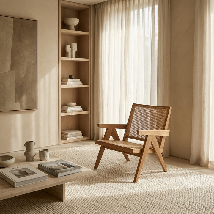 Jeanneret Lounge Chair with Arms and Hand Caned Seat - Indoor / Outdoor