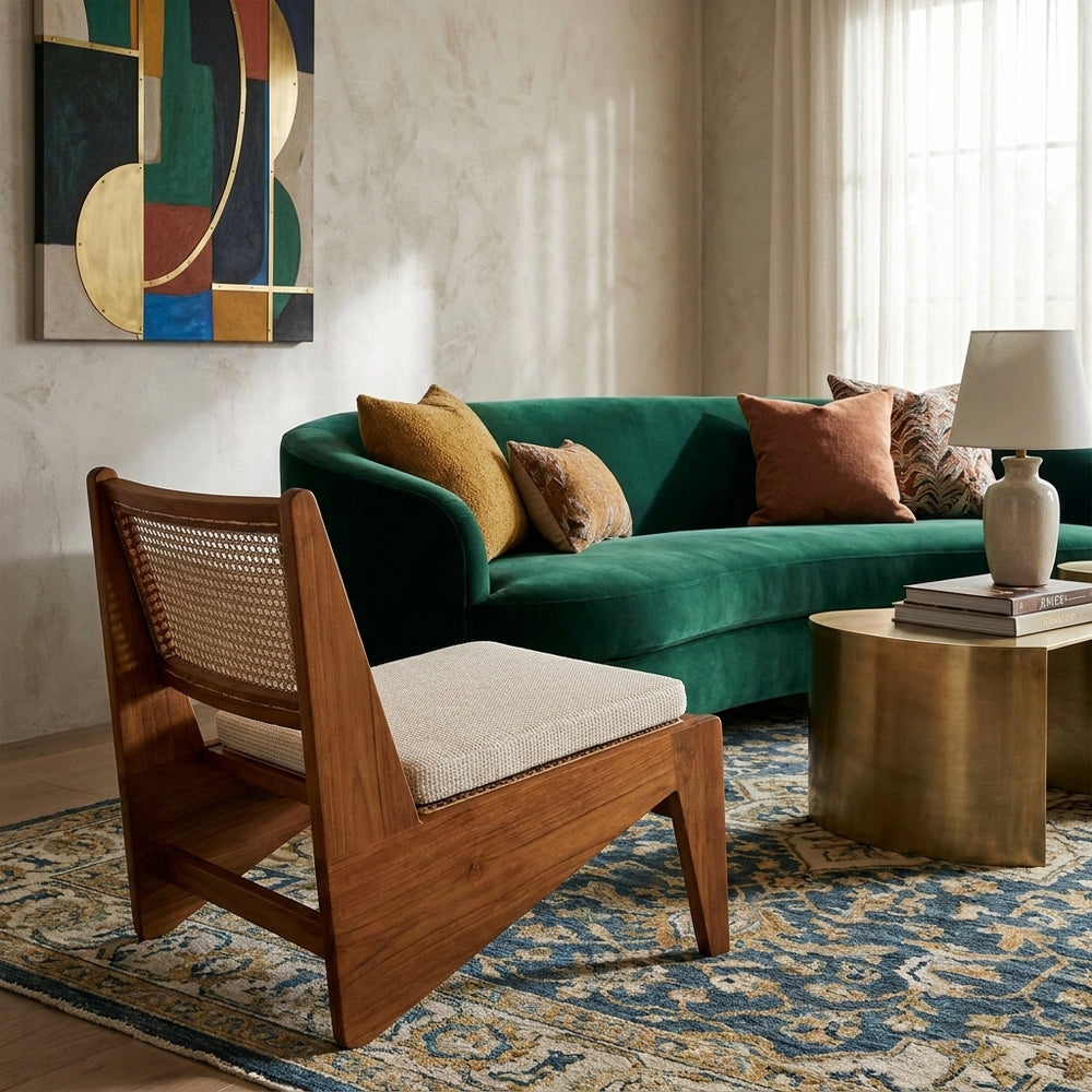 Alternate view of Jeanneret Cushion, featuring textured weave finish, woven fabric, textile, and removable seat cushion.