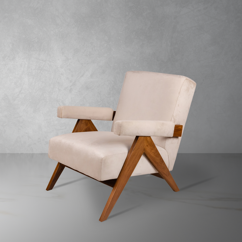 Jeanneret Upholstered Lounge Chair-France & Son-FL1322BGE-701-Lounge ChairsBeige Velvet-1-France and Son